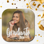Graduate Photo Bold Script Custom Graduation Party Paper Plate<br><div class="desc">Graduate is written in white handwritten script over your senior portrait photo makes a chic,  modern graduation party paper plate. Customize these cute plates with your high school or university class year 2023 under the bold typography and add a cute photograph of your senior.</div>
