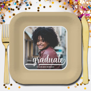 Graduate Photo Bold Script Gold Graduation Paper Plate