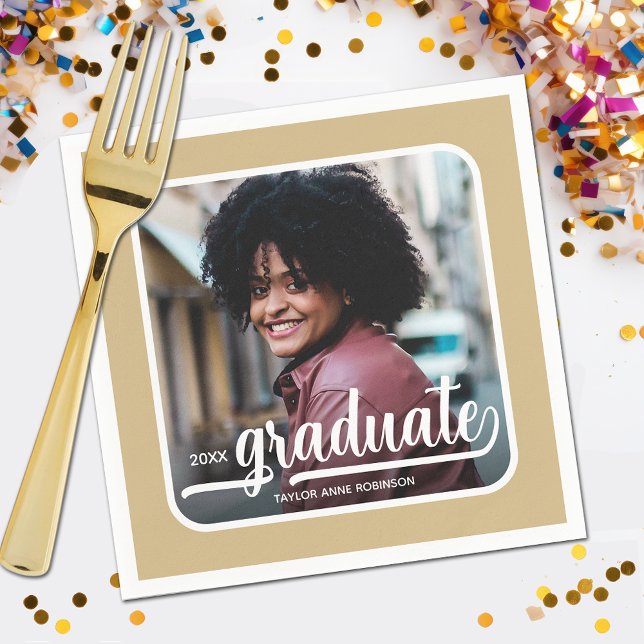 Graduate Photo Bold Script Gold Napkin (Your photo, name, class year and "Graduate" in a cool script on gold background party napkins)