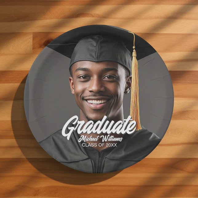 Graduate Photo Bold Script Graduation Party Paper Plate (Creator Uploaded)