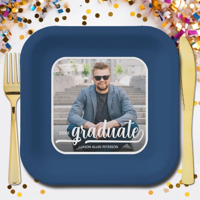 Graduate Photo Bold Script Graduation Party Paper Plate (Photo Graduation Party Blue Square Paper Plates)