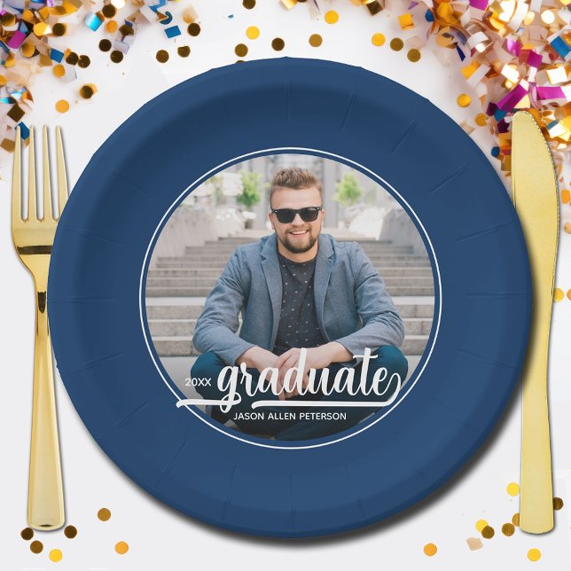 Graduate Photo Bold Script Graduation Party Paper Plate (Bold white script graduate on your photo personalized graduation party paper plates)