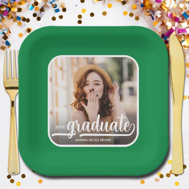 Graduate Photo Bold Script Green Graduation Paper Plate (Photo graduation green square paper plates)