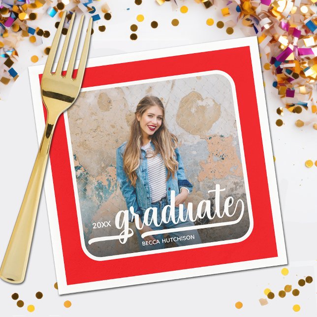Graduate Photo Bold Script Red Napkin (Your photo, name, class year and "Graduate" in a cool script on red background party napkins)