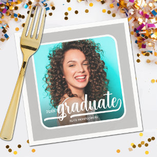 Graduate Photo Bold Script Silver Grey Napkin