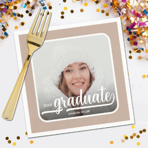 Graduate Photo Bold Script Taupe Napkin
