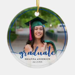 Graduate Photo Calligraphy Dark Blue Ceramic Ornament