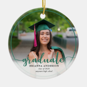 Graduate Photo Calligraphy Dark Green Ceramic Ornament