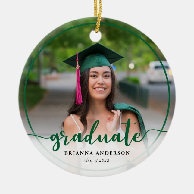 Graduate Photo Calligraphy Green Ceramic Ornament (Front)