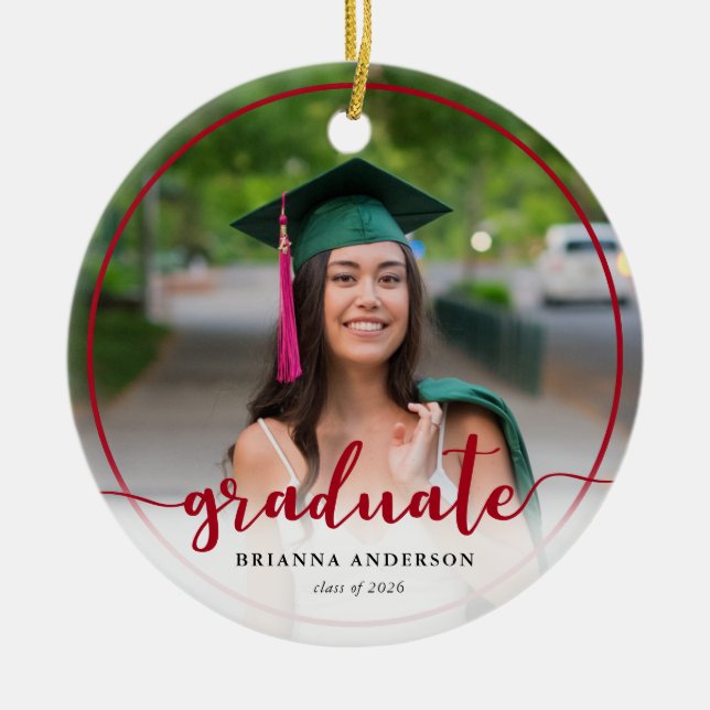 Graduate Photo Calligraphy Red Ceramic Ornament (Front)