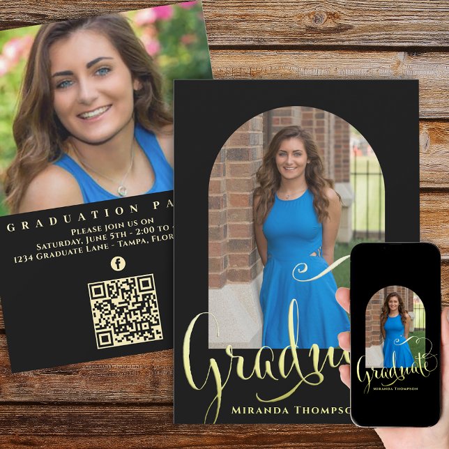Graduate Photo Calligraphy Script Black Gold Arch Invitation (Creator Uploaded)