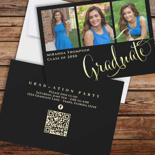 Graduate Photo Calligraphy Script Black Gold  Invitation (Creator Uploaded)