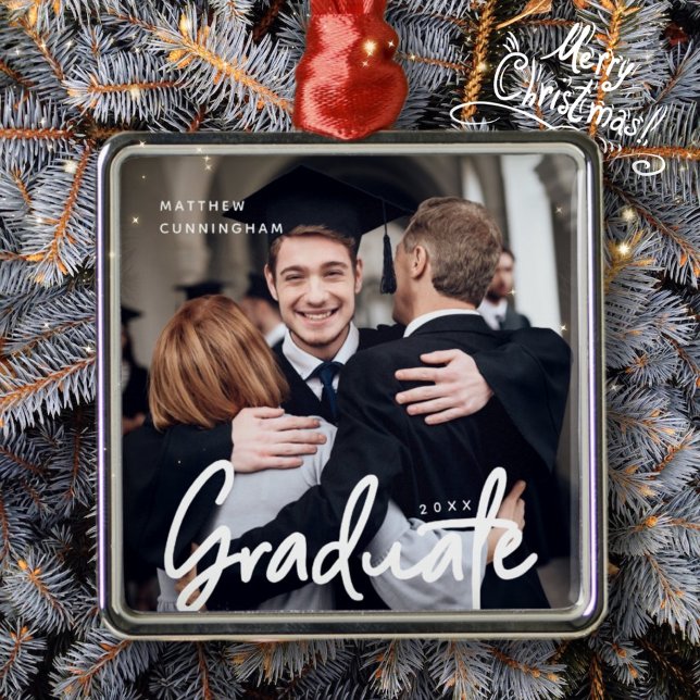 Graduate Photo Christmas Holiday Modern Script Metal Ornament (Creator Uploaded)