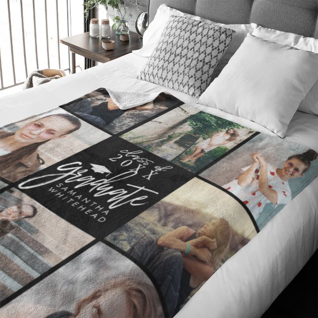 Graduate Photo Collage Black Fleece Blanket (Celebrate your graduate's milestone with our cozy, custom fleece blanket. )