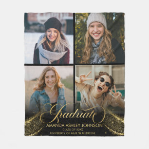 Graduate Photo Collage Black Gold Graduation  Fleece Blanket