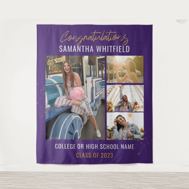 Graduate Photo Collage Purple Grad 2025 Backdrop Tapestry (Front)