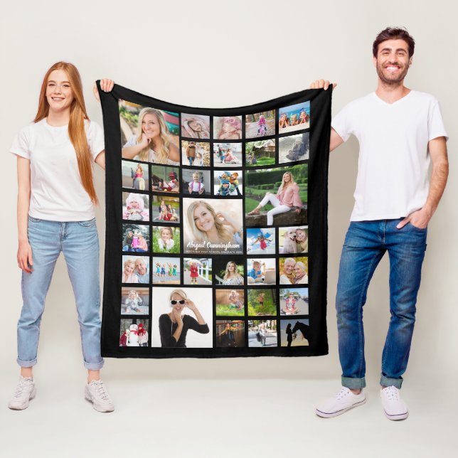 Graduate Photo Collage Script Name Black Fleece Blanket (In Situ)