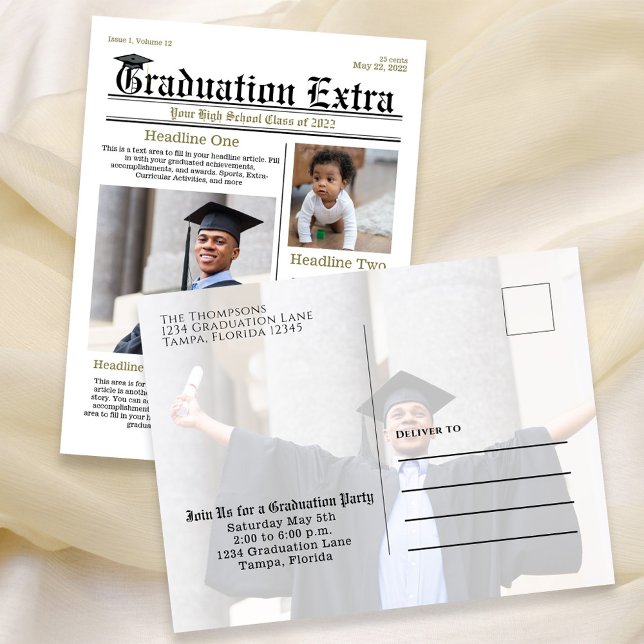 Graduate Photo Collate Modern Trendy Newspaper Postcard (Graduation announcement postcard invitation with a whimsical Newspaper theme. )