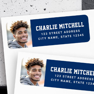 Graduate photo college font blue return address return address label