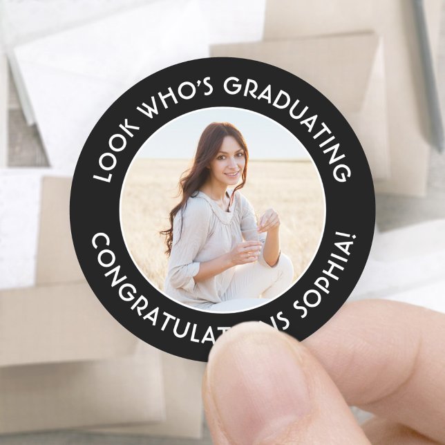 Graduate Photo Elegant Black and White Graduation Classic Round Sticker (Creator Uploaded)