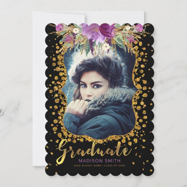 Graduate Photo Floral Faux Gold Glitter Confetti Announcement (Front)