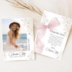 Graduate Photo Floral Pink Bow Graduation Thank You Card