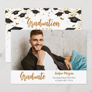 Graduate Photo Gold confetti Graduation Cap Invitation
