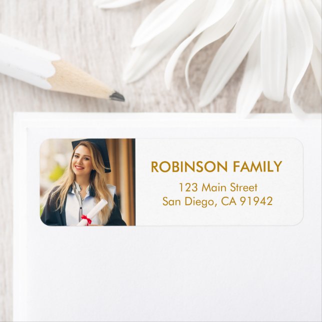 Graduate Photo Gold Script Modern Return Address Label (Insitu)