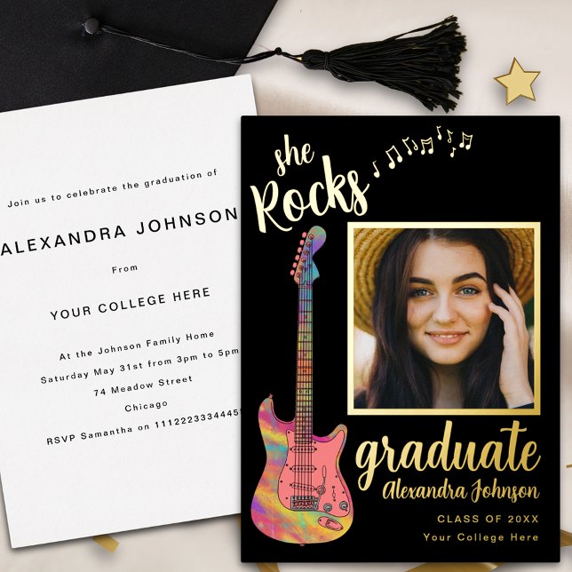 Graduate Photo Graduation Party Script Black Gold (Fun pink guitar graduate photo black and gold foil script Graduation party invitation)