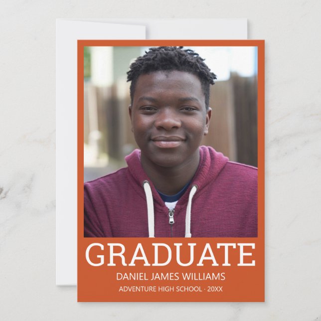 Graduate Photo Minimalist Orange Frame White Announcement (Front)