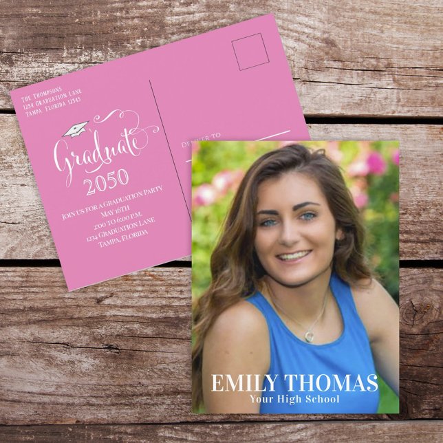 Graduate Photo Minimalist Simple Script Pink Postcard (Creator Uploaded)