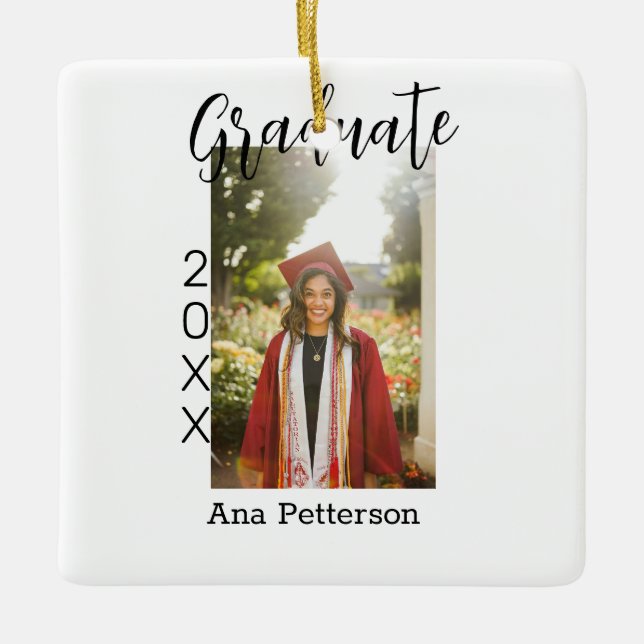 Graduate photo modern classic add year name rustic ceramic ornament (Front)