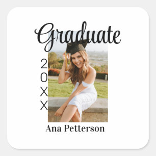Graduate photo modern classic add year name rustic square sticker