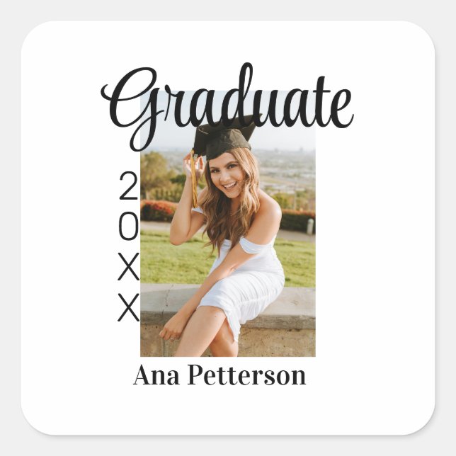 Graduate photo modern classic add year name rustic square sticker (Front)