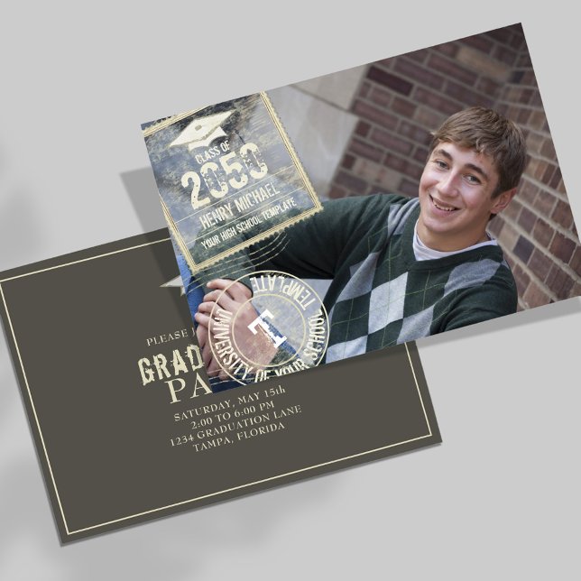 Graduate Photo Modern Trendy Modern Gold Stamp Invitation (Graduation photo invitation template with a gold stamped typography.)