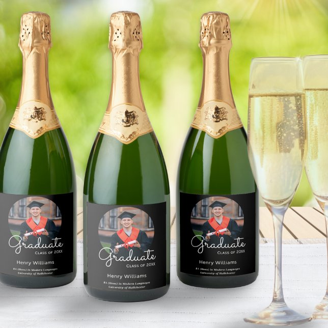 Graduate Photo Name Black Stylish Graduation Party Sparkling Wine Label (Personalized sparkling wine labels for your graduation celebrations, with custom photo and text)