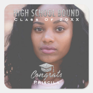 Graduate Photo Name Grey Glitter High School Moden Square Sticker