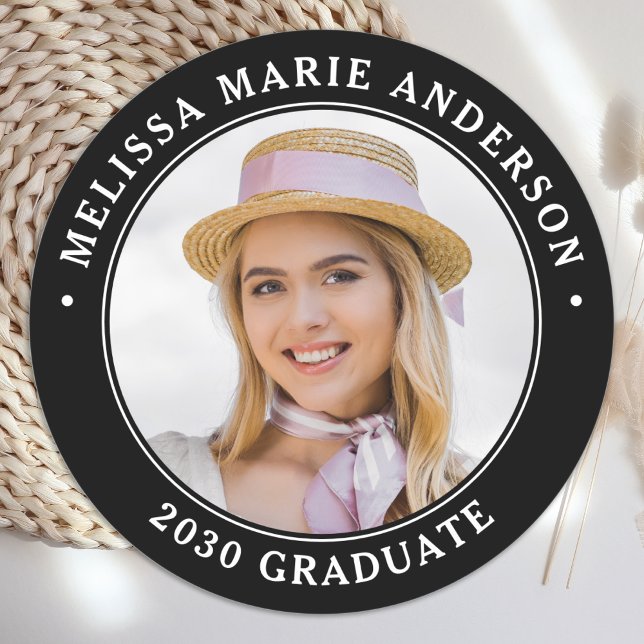 Graduate Photo Name Year Chic Black Graduation Classic Round Sticker (Creator Uploaded)
