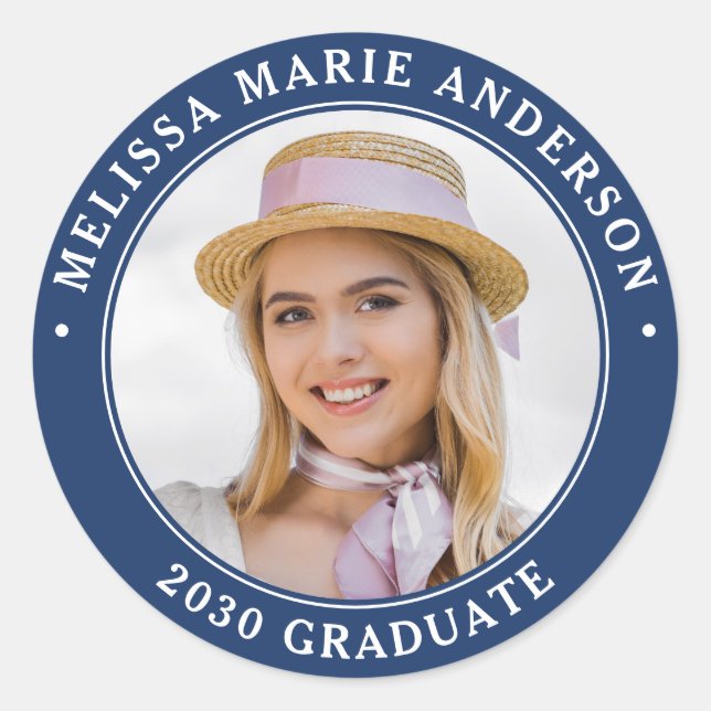 Graduate Photo Name Year Navy Blue Graduation Classic Round Sticker (Front)
