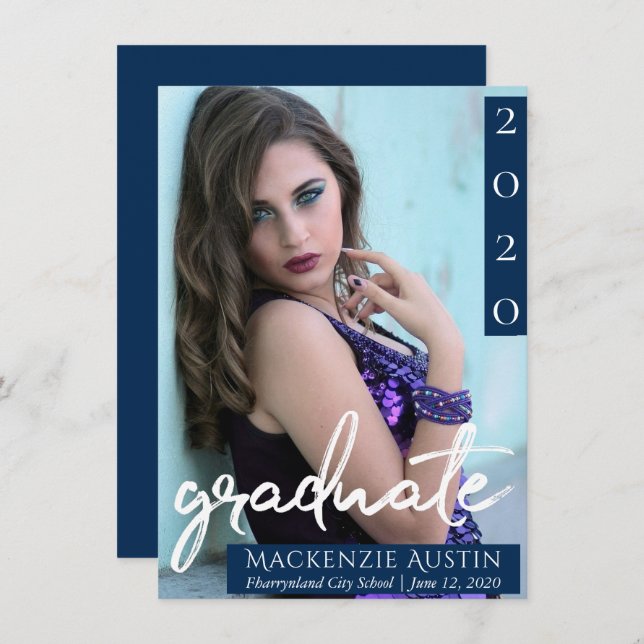 Graduate Photo | Navy Script Dark Blue Keepsake Announcement (Front/Back)