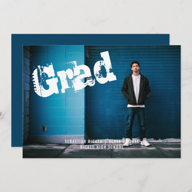 Graduate Photo Personalised Graffiti  Blue Invitation (Front/Back)