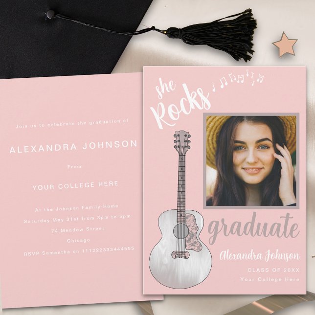 Graduate Photo Pink Country Music Graduation Party Invitation (Pink guitar country music graduation party invitation with graduate photo template modern script )