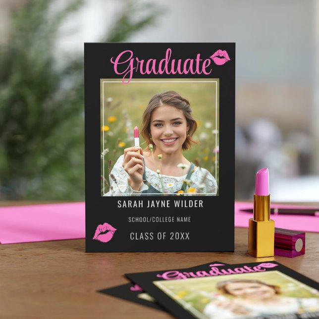 Graduate Photo Pink Lips Kisses Graduation Announcement (You did it! Survived and thrived! You can kiss college goodbye! Just add your details!)