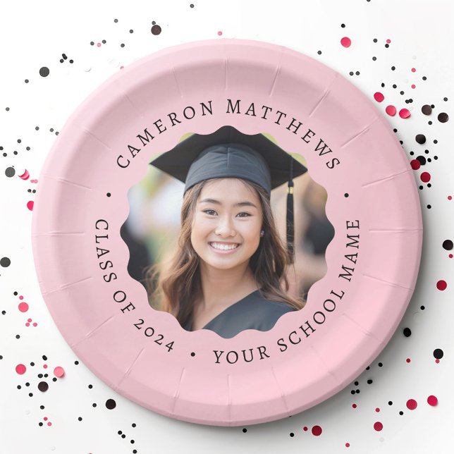 Graduate photo pink wavy border graduation paper plate (Graduate photo pink wavy border graduation paper plates)