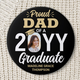 Graduate Photo Proud Dad Elegant Black and Gold 7.5 Cm Round Badge