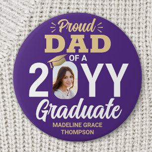 Graduate Photo Proud Dad Modern Purple and Gold 7.5 Cm Round Badge