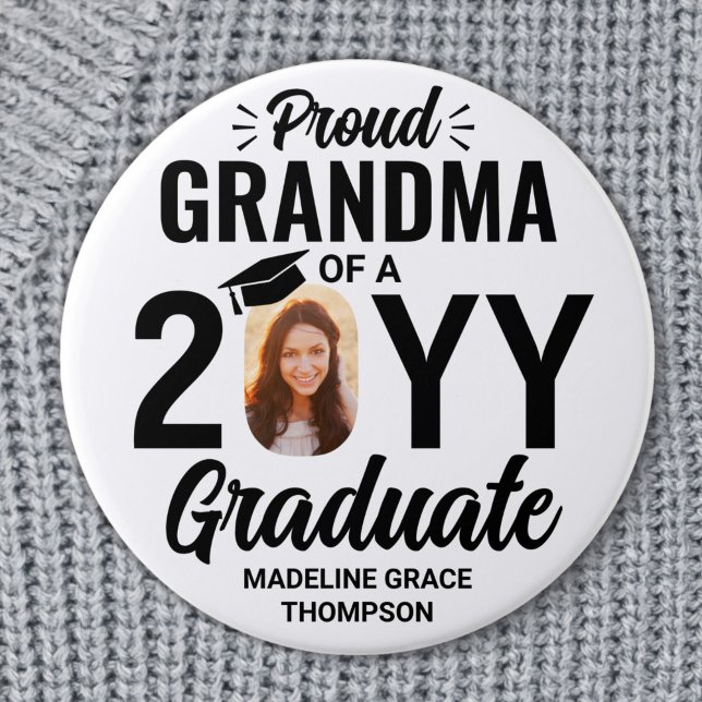 Graduate Photo Proud Grandma Modern Black & White 7.5 Cm Round Badge (Creator Uploaded)