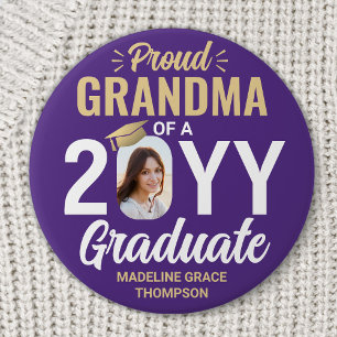 Graduate Photo Proud Grandma Modern Purple & Gold 7.5 Cm Round Badge