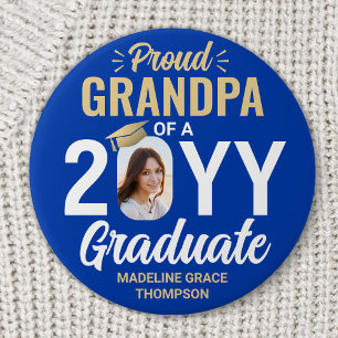 Graduate Photo Proud Grandpa Royal Blue and Gold 7.5 Cm Round Badge