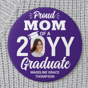 Graduate Photo Proud Mom Modern Purple and White 7.5 Cm Round Badge
